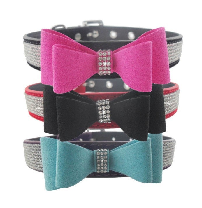 Leather Bowknot with Rhinestone Pet Collar
